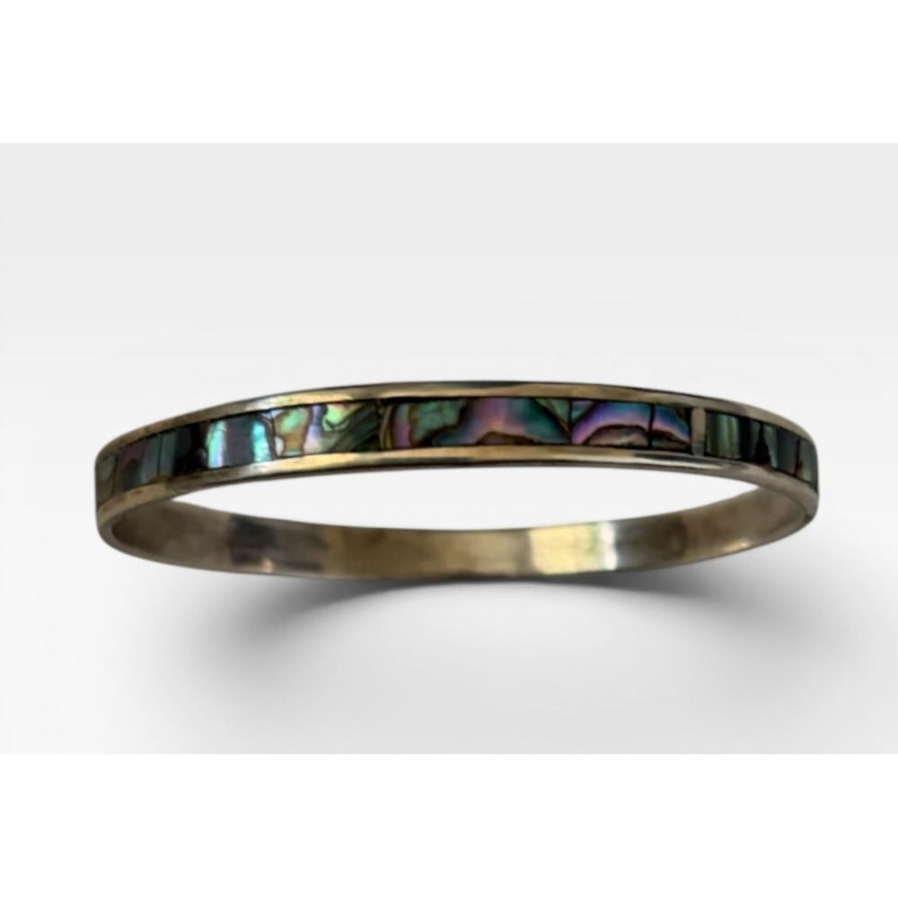 Vintage Taxco 925 Sterling Silver Mexico Abalone Shell Inlay Bangle Bracelet 12g